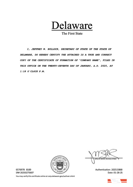 USA Delaware registration certificate Word and PDF template